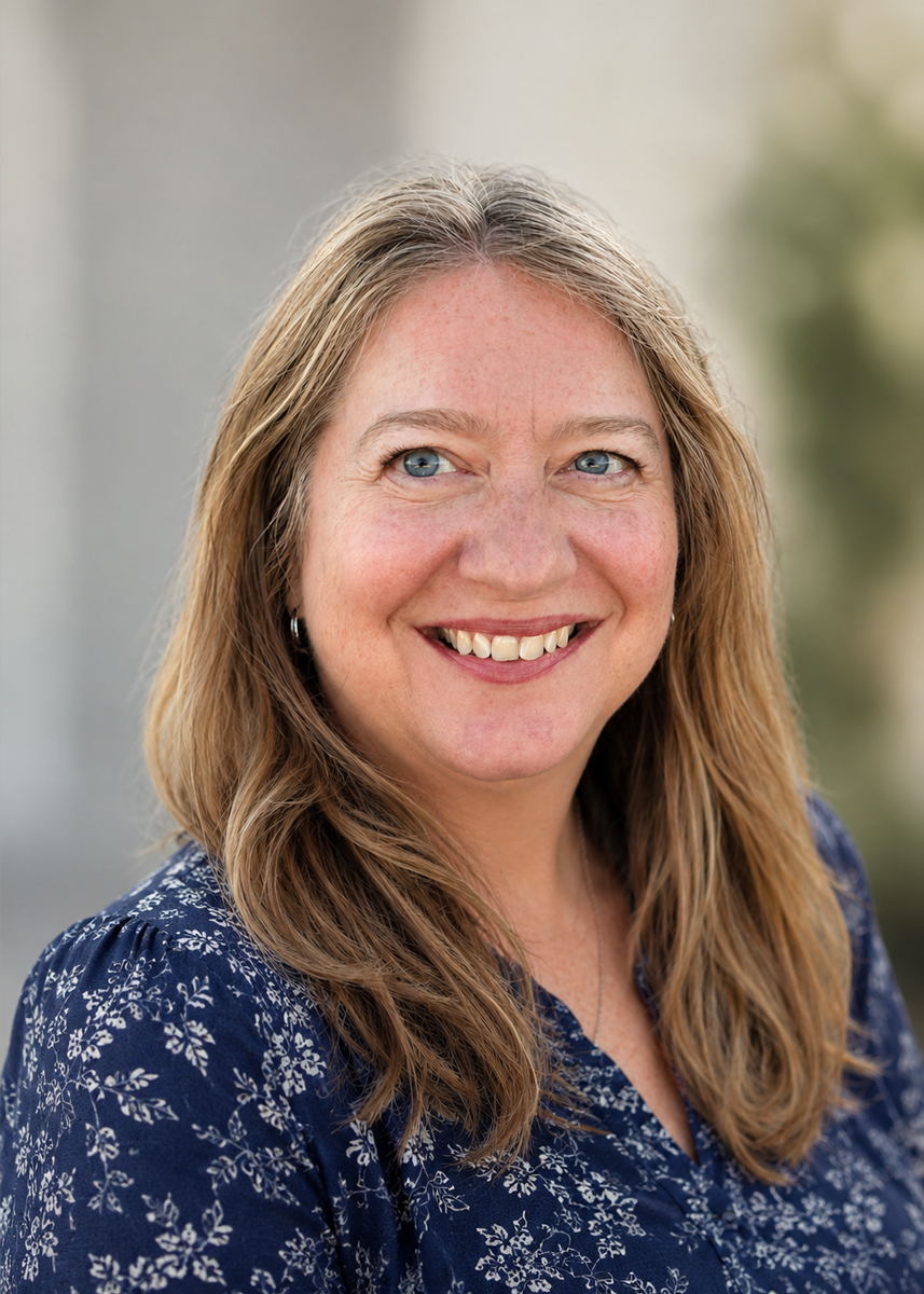 Renee-Tanner woman with long hair blue eyes smiling wearing red shirt and black blazer